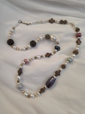 Handcrafted Opera Length Multi-Color Pearl & Beaded Statement Necklace Vintage